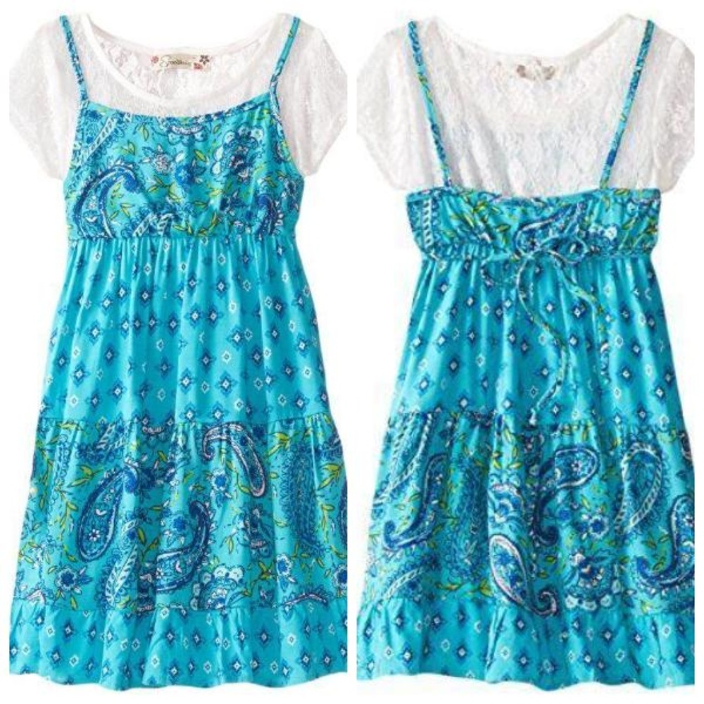 Speechless Girls Dress Size 6 Aqua Lace Short Sleeve Tiered Boho Dress